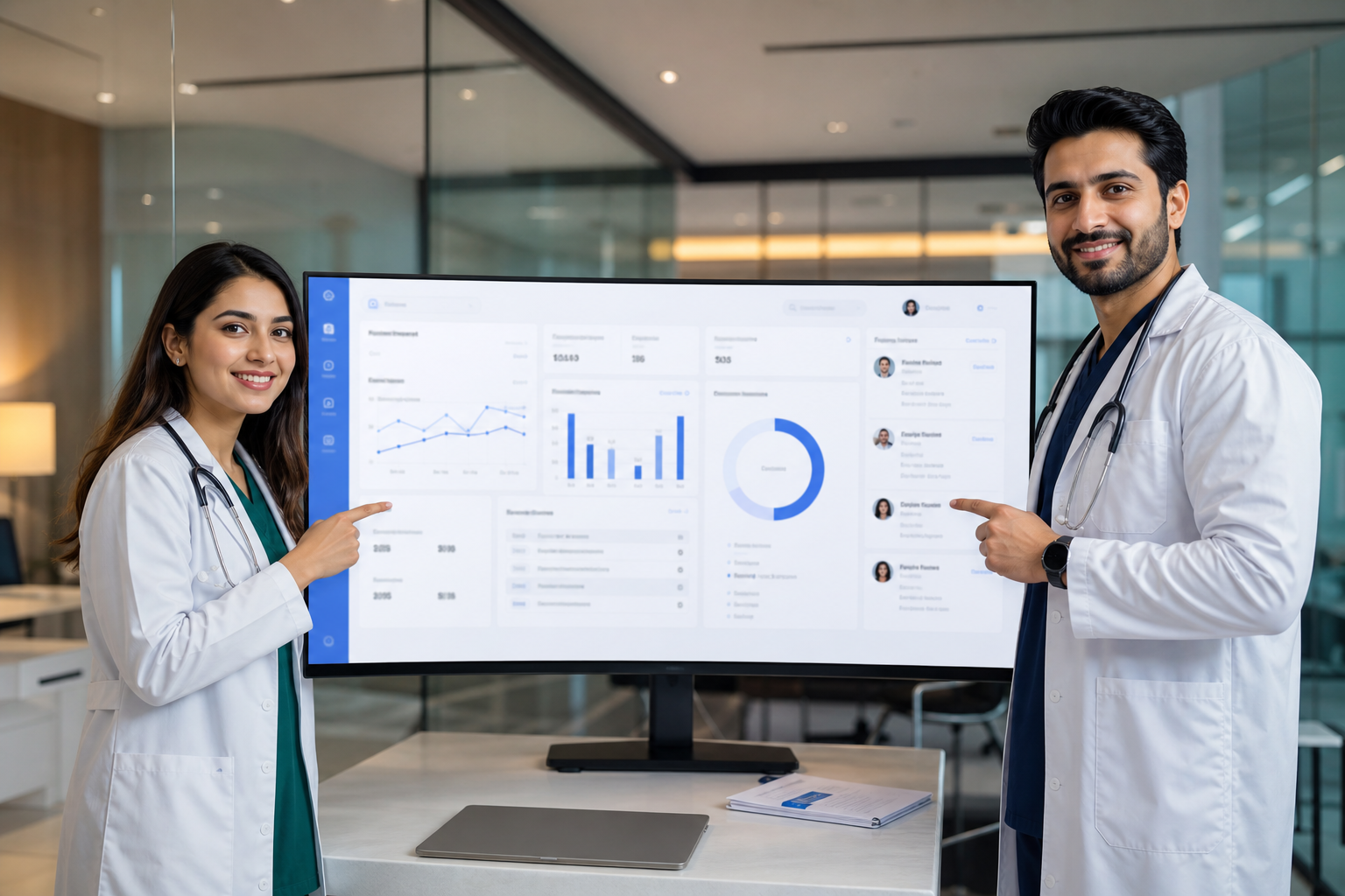 Pakistani doctors reviewing a modern hospital dashboard on a large screen