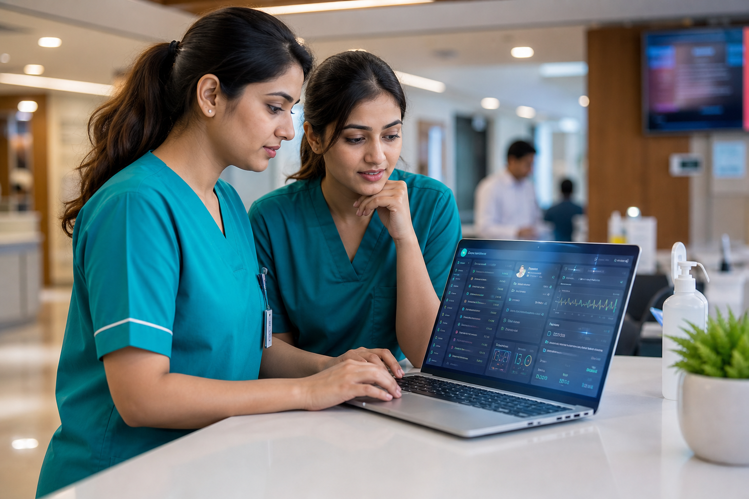 Pakistani nurses using hospital software on a laptop at the nursing station