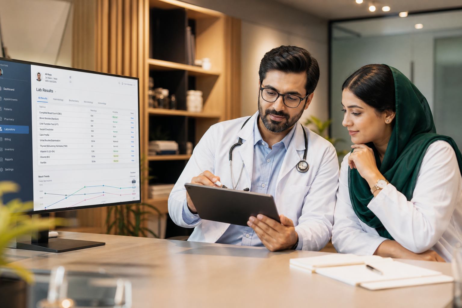 Pakistani clinician and pharmacist discussing results on tablet and desktop