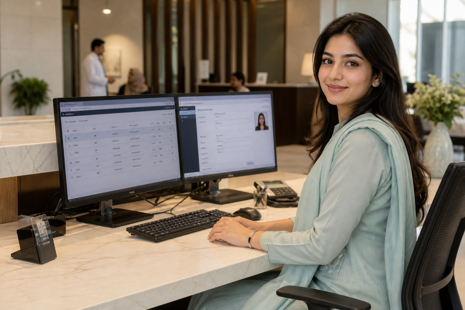 Pakistani hospital front-desk staff using registration software on dual monitors