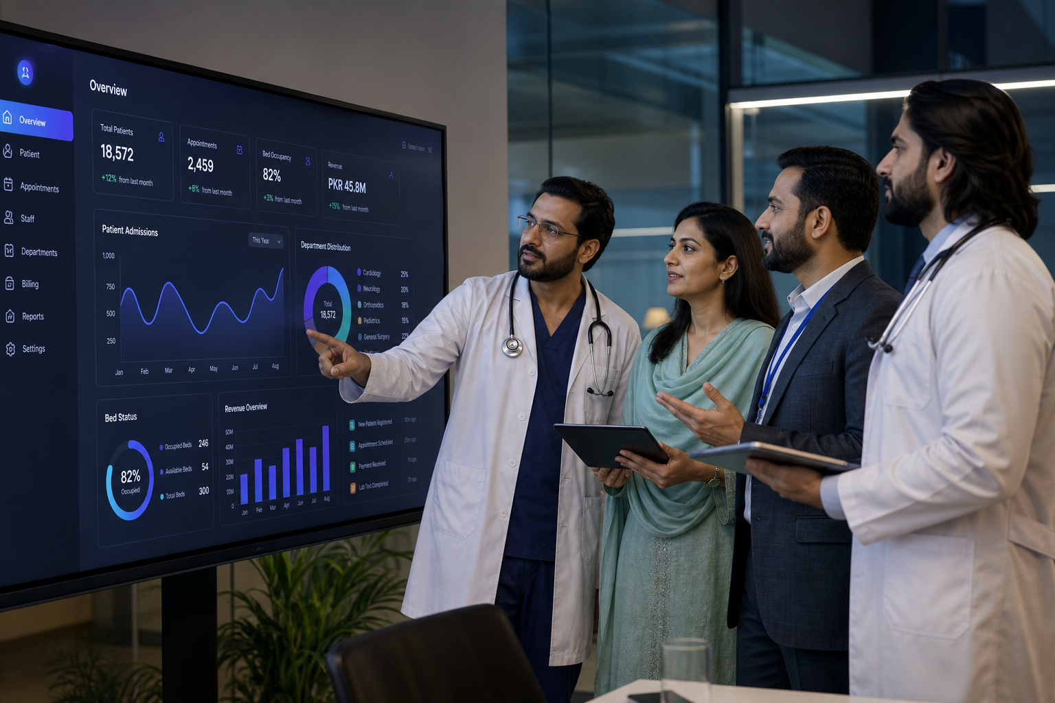 Pakistani hospital leadership reviewing HMS KPIs on a large screen