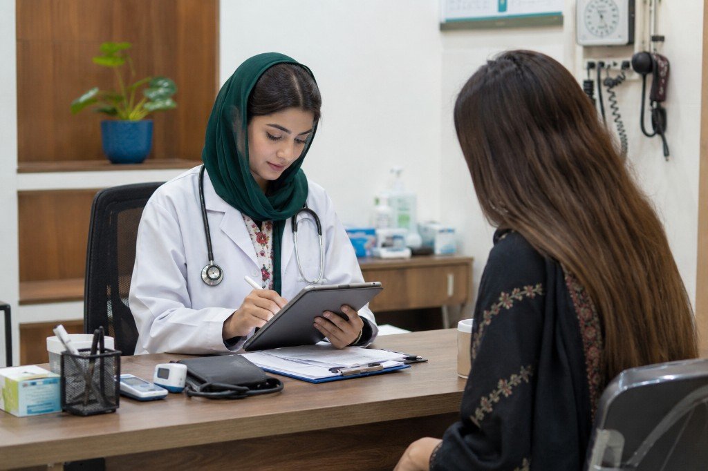 Doctor using iPad for OPD checkup with patient seated across the desk