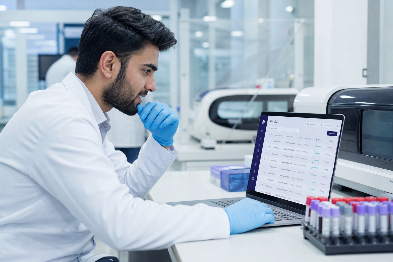 Pakistani lab technologist using laboratory software on a laptop