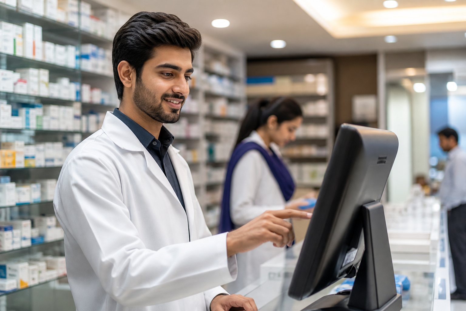 Pakistani pharmacist using pharmacy POS software on a touchscreen